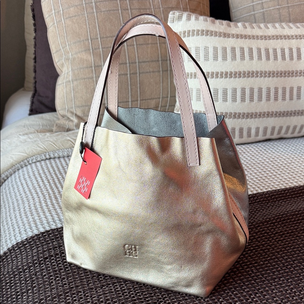 Carolina Herrera Gold & Silver Metallic Small Tote Bag